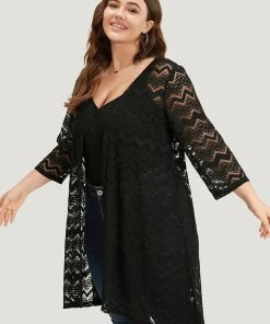 Halloween Plain Water Ripple Cut Out Lace Open Front Kimono -Clothing Shop 961035499 ke
