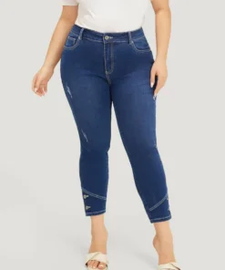 Very Stretchy High Rise Dark Wash Button Hem Jeans -Clothing Shop 961187449 ok