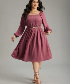 Crochet Lace Square Neck Elastic Cuffs Dress