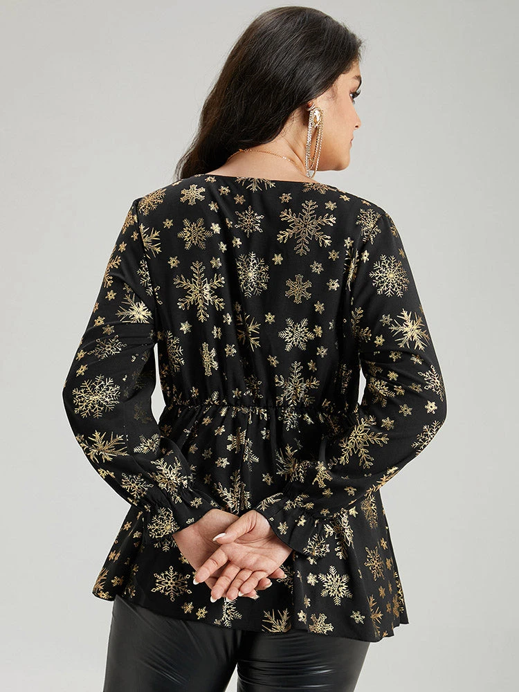 Glitter Snowflake Elastic Waist Ruched Wrap Blouse 4 Glitter Snowflake Elastic Waist Ruched Wrap Blouse - Image 2