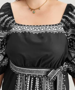 Boho Print Square Neck Belted Dress -Clothing Shop 961733019 ab