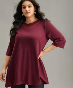 Solid Tunic Crochet Mesh Crew Neck T-shirt