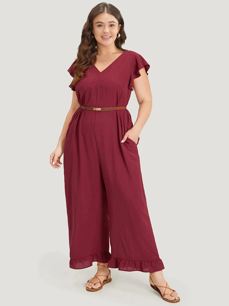 Plain Ruffle Cap Sleeve V Neck Zipper Jumpsuit 3 Plain Ruffle Cap Sleeve V Neck Zipper Jumpsuit