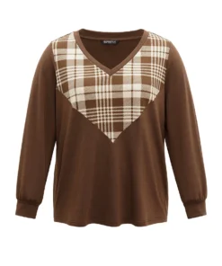 Plaid V Neck Patchwork Elastic Cuffs Sweatshirt -Clothing Shop 962589593 dz