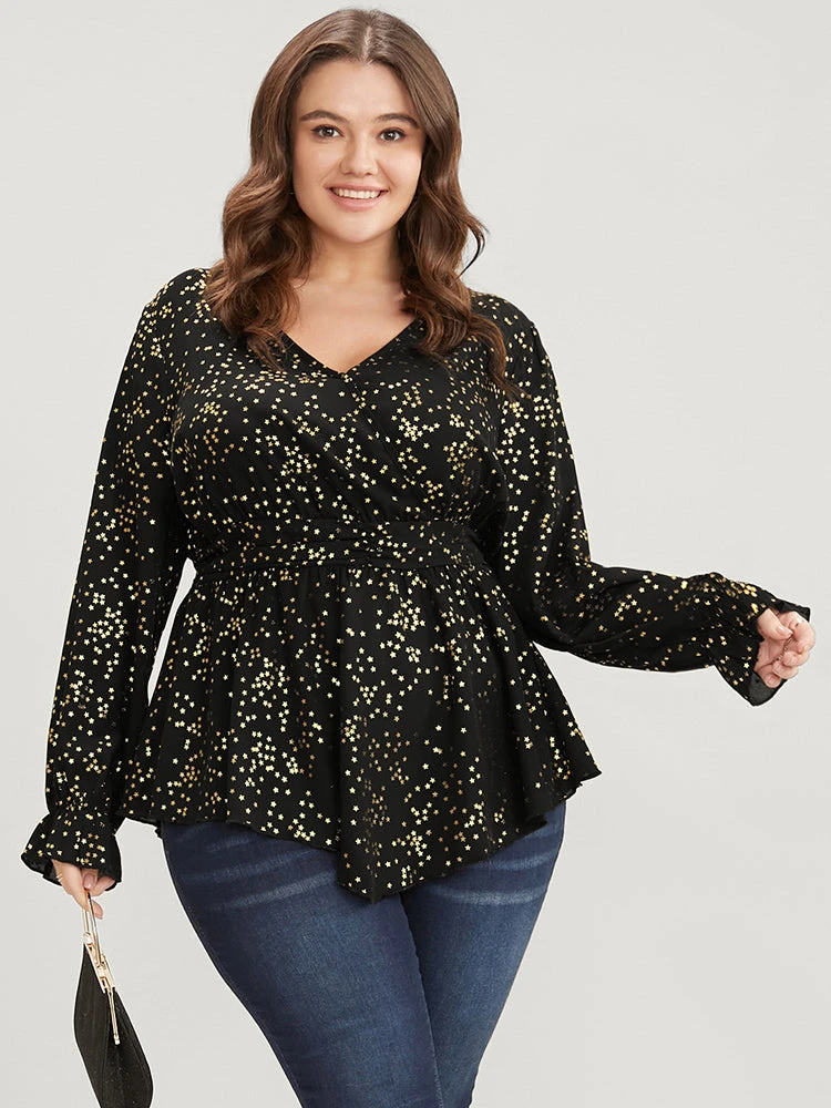 Star Print Lantern Sleeve Asymmetrical Ruffles Hem Wrap Blouse 4 Star Print Lantern Sleeve Asymmetrical Ruffles Hem Wrap Blouse - Image 2