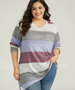 Striped Split Hem Asymmetrical T-shirt -Clothing Shop 962648813 qz