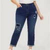Very Stretchy High Rise Distressed Patched Roll Hem Jeans -Clothing Shop 962721872 ve