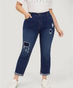 Very Stretchy High Rise Distressed Patched Roll Hem Jeans