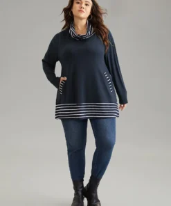 Striped Patchwork Pocket Turtleneck T-shirt -Clothing Shop 962831637 lf