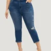Very Stretchy High Rise Dark Wash Ripped Detail Cropped Jeans -Clothing Shop 962855487 uk