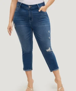 Very Stretchy High Rise Dark Wash Ripped Detail Cropped Jeans