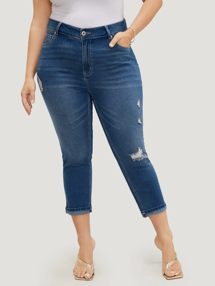 Very Stretchy High Rise Dark Wash Ripped Detail Cropped Jeans 3 Very Stretchy High Rise Dark Wash Ripped Detail Cropped Jeans