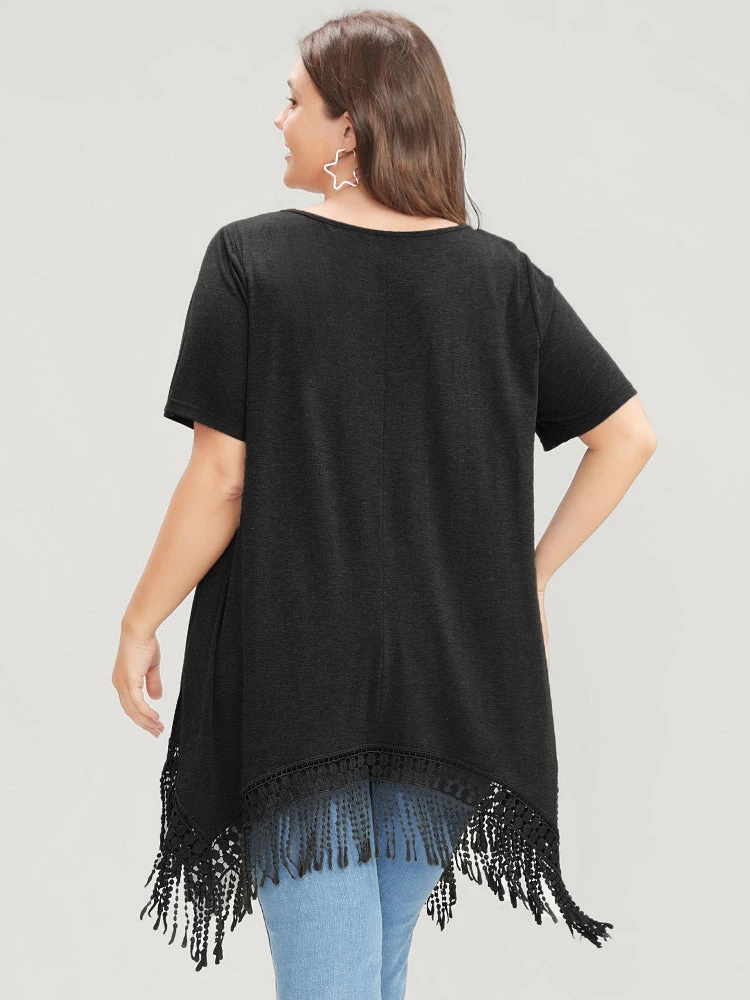 Solid Round Neck Lace Fringe Hem T-shirt 13 Solid Round Neck Lace Fringe Hem T-shirt - Image 11