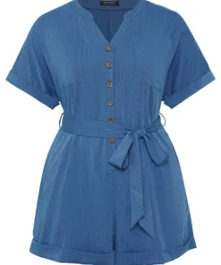 Anti-Wrinkle Solid Patched Pocket Notched Button Up Belt Romper -Clothing Shop 963499209 jw