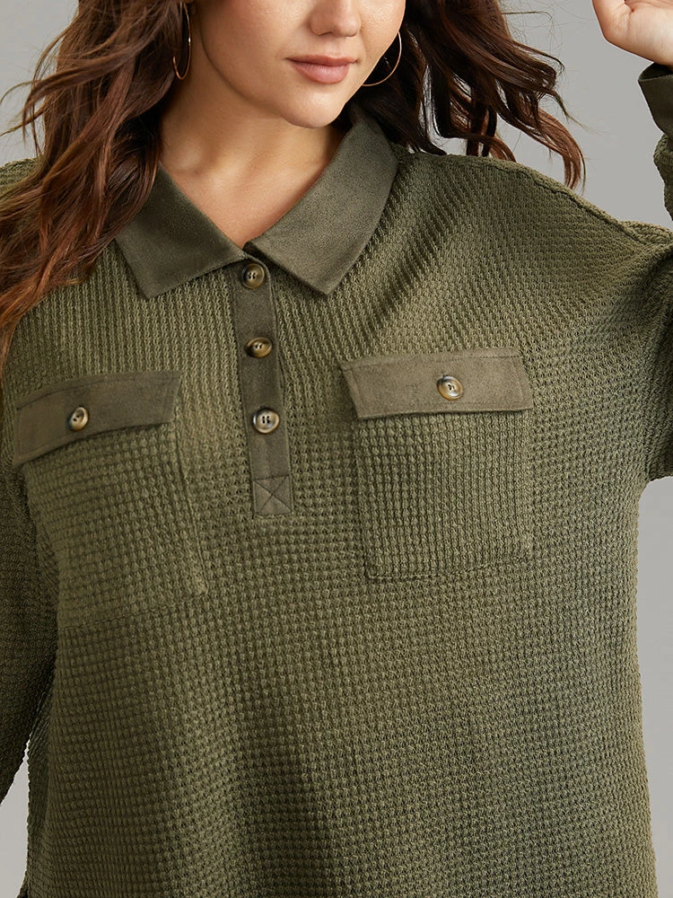 Faux Suede Patchwork Waffle Knit Flap Pocket Sweatshirt 6 Faux Suede Patchwork Waffle Knit Flap Pocket Sweatshirt - Image 4