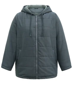 Hooded Drawstring Quilted Pocket Zipper Fly Coat -Clothing Shop 965064202 zh