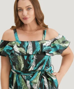 Tropical Cold Shoulder Pocket Belted Ruffle Trim Jumpsuit -Clothing Shop 96642808 ry a1048032 dbb2 4b7c 94b9 669175cc337d