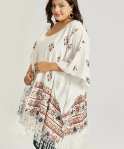Boho Print Asymmetrical Hem Tassel Trim Drape Kimono -Clothing Shop 966735157 bk