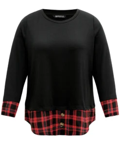 Plaid Patchwork Button Detail Curved Hem Sweatshirt -Clothing Shop 968931173 ts