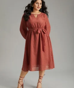 Plain Mesh Texture Keyhole Belted Lantern Sleeve Dress
