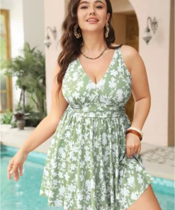 Floral Print V Neck Ruffle Hem Ruched Detail Swim Dress -Clothing Shop 969872782 ph