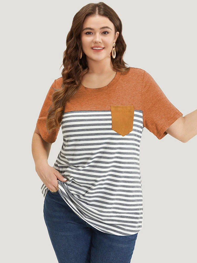 Striped Patchwork Round Neck Patched Pocket T-shirt 11 Striped Patchwork Round Neck Patched Pocket T-shirt - Image 9