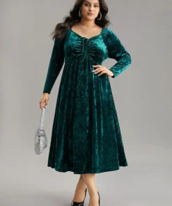 Velvet Ruched Ties Pocket Square Neck Dress