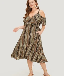 Bandana Pocket Ruffle Trim Cold Shoulder Dress