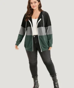 Colorblock Contrast Drawstring Zipper Hooded Sweatshirt -Clothing Shop 971443679 ob