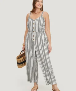 Striped Print Button Pocket Detail Cami Jumpsuit