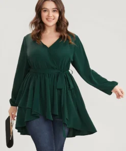 Solid Surplice Neck Belted Asymmetrical Hem Blouse