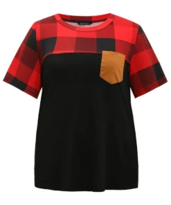 Plaid Contrast Patchwork Pocket Round Neck T-shirt -Clothing Shop 972186695 rj