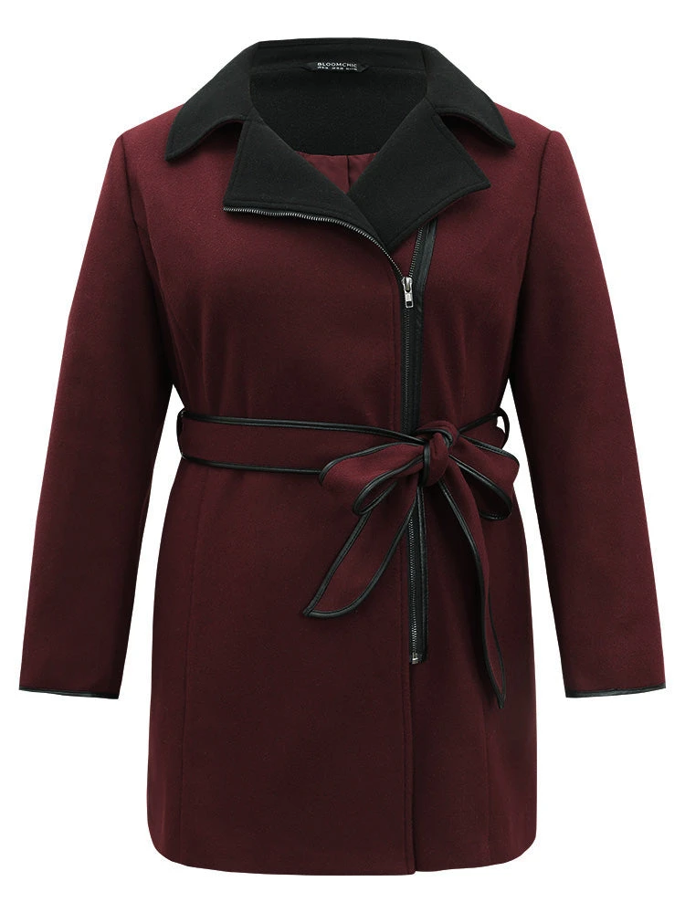 Lapel Collar Contrast Patchwork Zipper Belted Coat 7 Lapel Collar Contrast Patchwork Zipper Belted Coat - Image 5