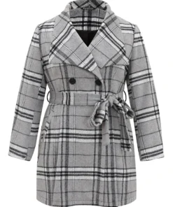 Plaid Button Up Pocket Belted Lapel Collar Coat -Clothing Shop 972476264 ny
