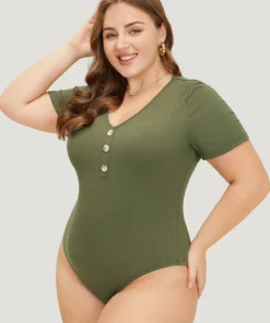 Solid Rib Knit Button Detail Bodysuit -Clothing Shop 973144379 rz