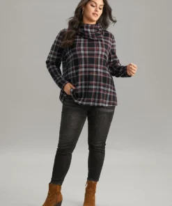 Plaid Funnel Neck Button Detail T-shirt -Clothing Shop 973669192 ls