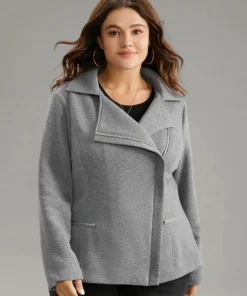 Solid Zipper Asymmetrical Pocket Lapel Collar Coat -Clothing Shop 97385750 yn