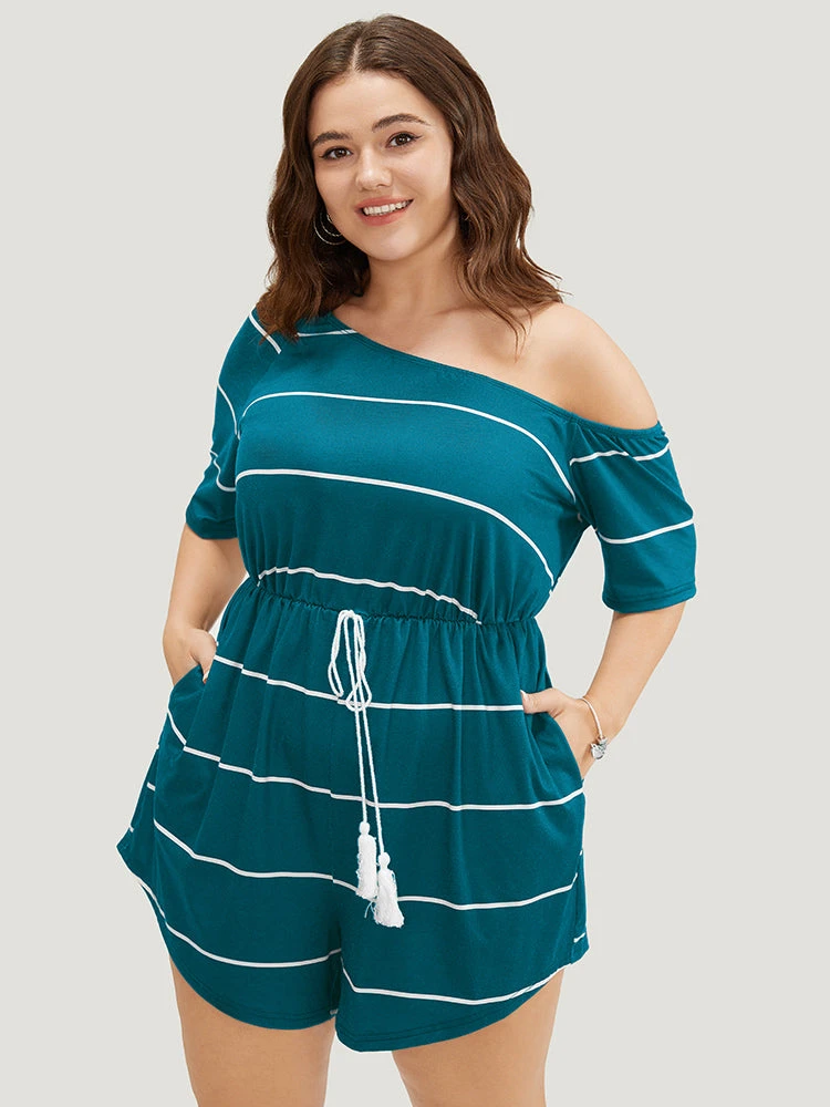 Striped Print Knot Pocket Tassels One Shoulder Romper 13 Striped Print Knot Pocket Tassels One Shoulder Romper - Image 11
