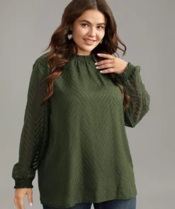 Plain Patchwork Mesh Shirred Frill Trim Blouse -Clothing Shop 973970552 vt