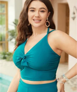 Ruched Cut Out Knotted Halter Neck Bikini Top