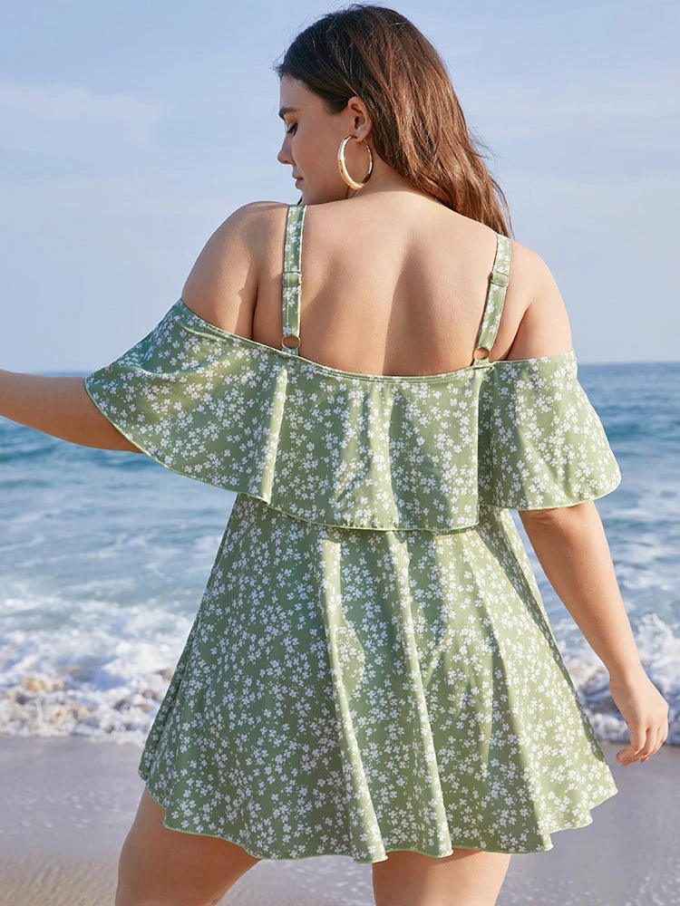 Ditsy Floral Cold Shoulder Sculpt Waist Ruffles Swim Dress 7 Ditsy Floral Cold Shoulder Sculpt Waist Ruffles Swim Dress - Image 5