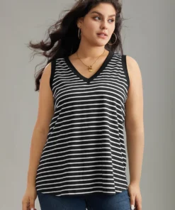 V Neck Striped Contrast Trim Tank Top -Clothing Shop 975185101 he