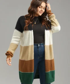 Colorblock Patchwork Elastic Cuffs Open Front Cardigan