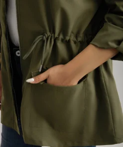 Solid Zipper Drawstring Tab Sleeve Trench Coat -Clothing Shop 975968153 kh