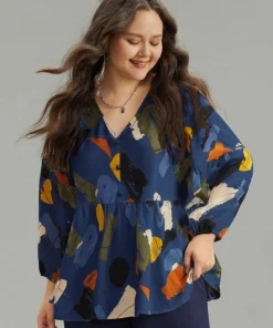 Brush Print Button Detail Elastic Cuffs Blouse -Clothing Shop 976581949 ov