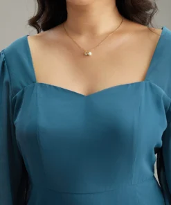 Chiffon Square Neck Shirred Lantern Sleeve Split Hem Dress -Clothing Shop 977206318 yo