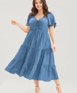 Plain Ruched Drawstring Pocket Ruffle Tiered Dress