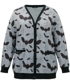 Halloween Bat Print Pocket Button Up Rib Knit Coat -Clothing Shop 977393177 dj 091d09d0 3330 47a0 86a9 de6dd73da301