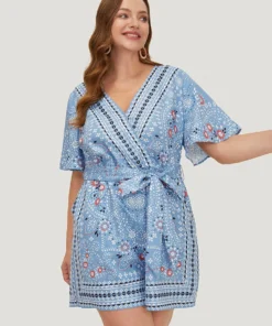 Bandana Print Belted Pocket Surplice Neck Romper -Clothing Shop 9778571 ex