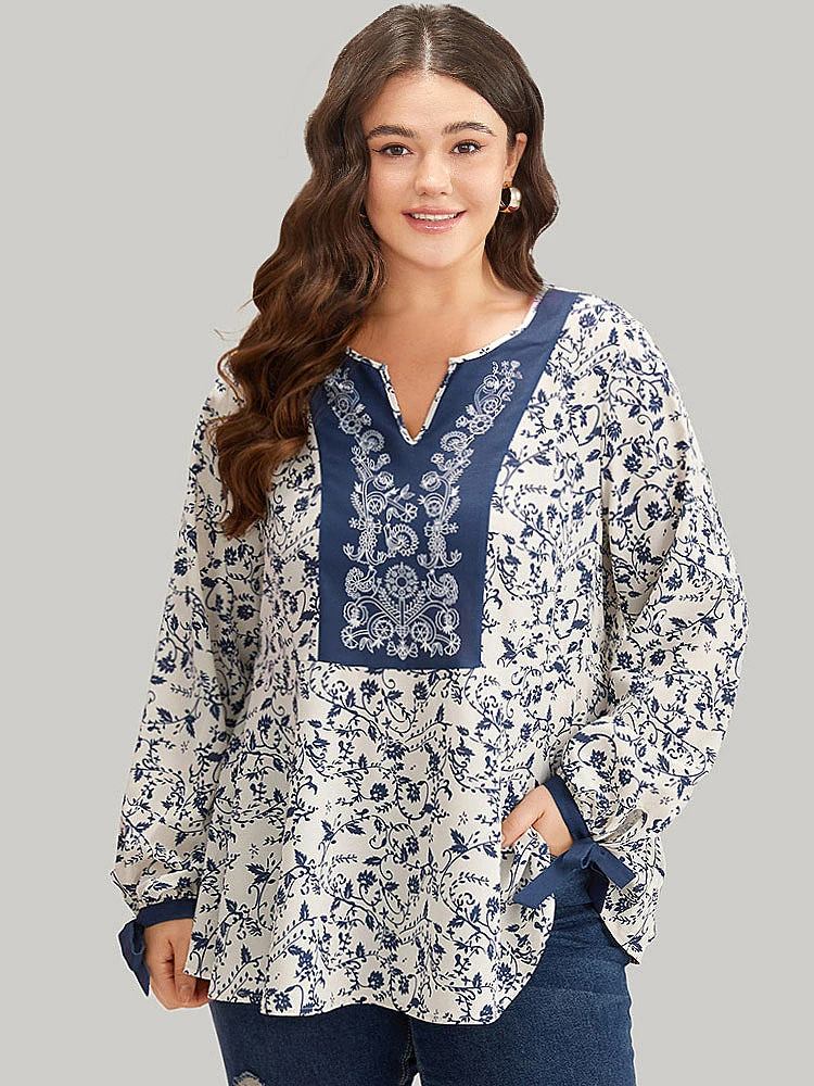 Boho Print Notched Knot Lantern Sleeve Blouse 4 Boho Print Notched Knot Lantern Sleeve Blouse - Image 2